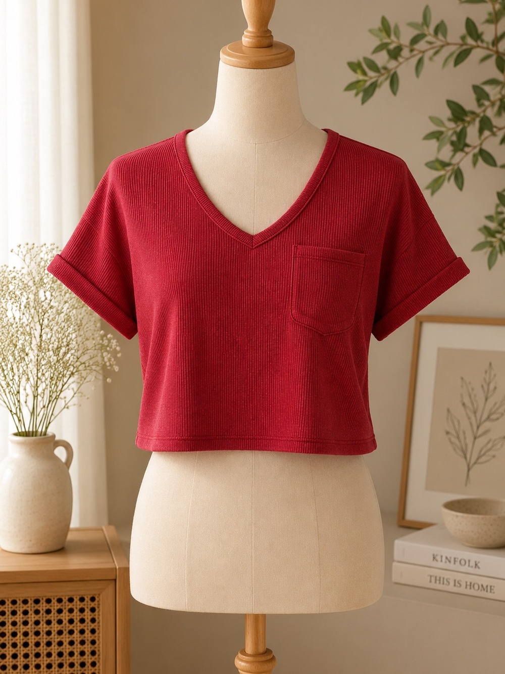 Relaxed Scoop Neck Short Sleeve Tee — Red